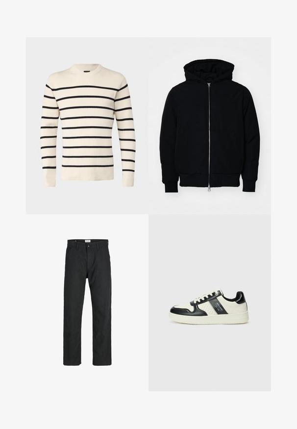 Giacca nera con cappuccio, dotata di zip frontale, tasca a marsupio, polsini e orlo a coste, esposta su uno sfondo bianco semplice.; Only & Sons ONSPHIL CREW - Maglione - antique white; Pantaloni neri realizzati in tessuto resistente, caratterizzati da un design a gamba dritta, dettagli cuciti e due tasche frontali per la funzionalità.; Sneakers in pelle con una combinazione di colori nero e crema, dotati di dettagli perforati, collare imbottito e suola testurizzata.