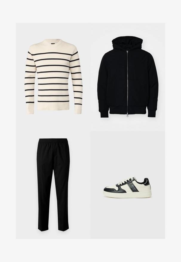 Črna kapuca jakna s sprednjim zadrgo, kenguru žepom, rebrastimi manšetami in hemom, razstavljena na enostavni beli ozadju.; Only & Sons ONSPHIL CREW - Pulover - antique white; Črne hlače z elastičnim pasom, s ravnim krojem. Tkanina se zdi gladka z mat teksturo, brez vidnih vzorcev.; Usnjeni športni čevlji z črno in krem barvno shemo, ki vključujejo perforirane dodatke, podložen ovratnik in strukturirano podplat.