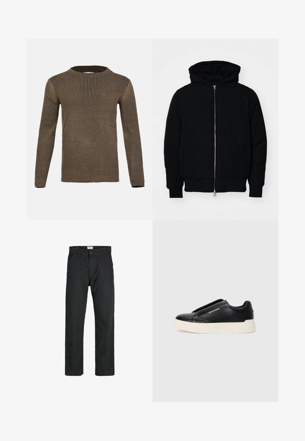 Schwarze Kapuzenjacke mit Frontreißverschluss, Kängurutasche, gerippten Bündchen und Saum, auf einem schlichten weißen Hintergrund präsentiert.; Braun- und schwarz gestreifter Langarmpullover mit Rundhalsausschnitt, gerippter Textur und geradem Saum. Hergestellt aus weichem, gestricktem Material.; Schwarze Hosen aus strapazierfähigem Stoff, mit geradem Bein, genähten Akzenten und zwei vorderen Taschen für Funktionalität.; Schwarzer Schlupfschuh aus strukturiertem Lederobermaterial, mit weißer Gummisohle und ohne sichtbare Schnürsenkel. Mit Markenlogo an der Seite.