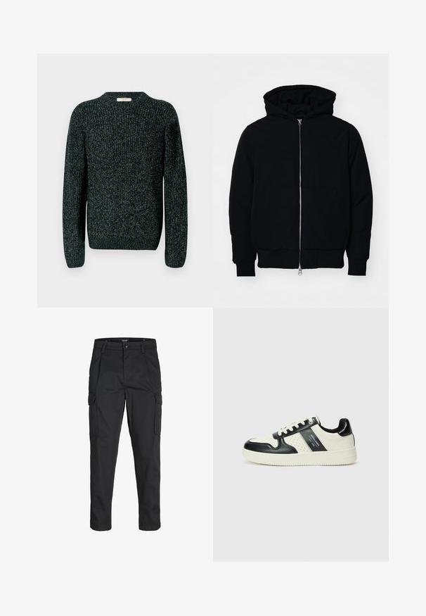 Crna kapuška jakna s prednjim zatvaračem, kenguru džepom, rebrastim manžetama i rubom, prikazana na običnoj bijeloj pozadini.; Tamna pletena džemper s okruglim izrezom, dugim rukavima i rebrastim manžetama. Materijal ima teksturirani uzorak s svjetlim flekovima kroz cijeli komad.; Crne cargo hlače izrađene od čvrstog materijala, s brojnim džepovima, kopčanjem na gumb i dizajnom koji pomaže da se prilagode tijelu sa suženim nogavicama.; Kožne tenisice s crno-bijelom paletom boja, koje imaju perforirane akcentne detalje, podstavljeni ovratnik i teksturiranu potplat.