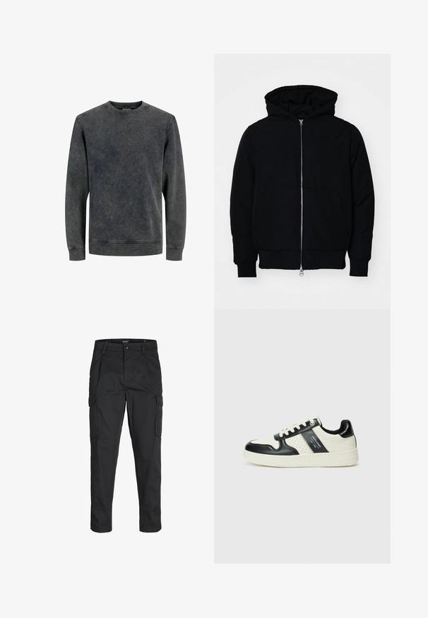 Veste à capuche noire avec fermeture éclair sur le devant, poche kangourou, poignets et ourlet côtelés, présentée sur un fond blanc uni.; Sweatshirt gris à col rond avec des manches longues, fabriqué à partir d'un tissu doux et texturé. Il présente un effet délavé et des détails de couture simples.; Pantalons cargo noirs en tissu résistant, dotés de plusieurs poches, d'une fermeture par bouton et d'une coupe slim avec des jambes fuselées.; Baskets en cuir avec un schéma de couleurs noir et crème, dotées d'accents perforés, d'un col rembourré et d'une semelle texturée.