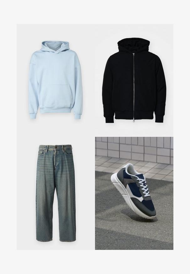 Black hooded jacket with front zipper, kangaroo pocket, ribbed cuffs, and hem, displayed on a plain white background.; Only & Sons ONSCONNOR - Hoodie - skyway; Light blue denim jeans with a loose fit, mid-rise waist, and straight legs. Features five pockets, belt loops, and a button closure.; Sneaker featuring a navy blue mesh upper, gray suede accents, white rubber sole, and flat white laces, designed for comfort and breathability.