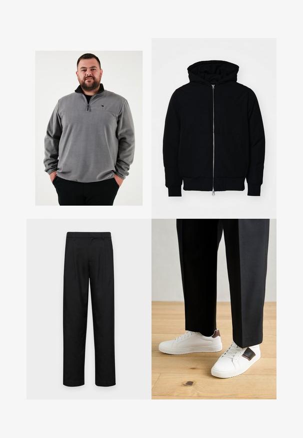 Mustaga kapuutsiga jakk, millel on esineed, kenguru tasku, soonikkoes, ja alläär, esitatud lihtsal valgel taustal.; Halli hallide locakot, poolslikkab ja mustate kolkuga, mis on musta logo lehaden. Pehme tekstuur ja mugav lõige.; Mustad mustadest riietest, millel on sirge jalgade disain, kaks eesmist voltimist ja tavaline vöökoht, millel on vöökohad.; Valged sneakersid siledat tekstuurist, millel on pruunad nahast detailid ja mustad aksessuaarid, millele on sobitatud mustad kohandatud püksid. Puitpõranda taust.