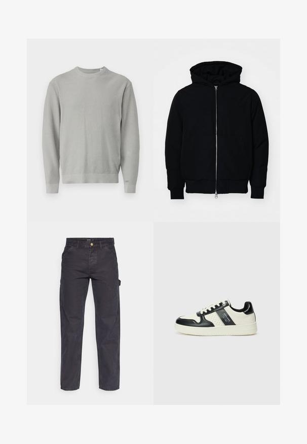 Črna kapuca jakna s sprednjim zadrgo, kenguru žepom, rebrastimi manšetami in hemom, razstavljena na enostavni beli ozadju.; Svetlo sivi pleteni pulover s okroglo vrstico, dolgimi rokavi, rebrastimi manšetami in spodnjim robom. Teksturirana tkanina s konstantnim vzorcem po vsej površini.; Temno sivi cargo hlače iz trpežnega materiala, z ravnim krojem nogavic, petimi žepi in gumbom za zapiranje v pasu.; Usnjeni športni čevlji z črno in krem barvno shemo, ki vključujejo perforirane dodatke, podložen ovratnik in strukturirano podplat.