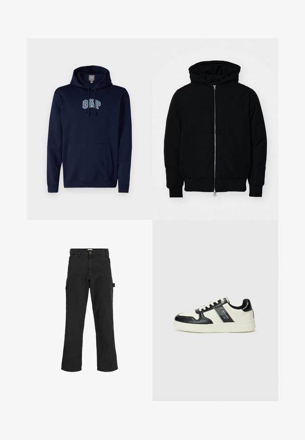Čierna kapucňová bunda s predným zipsom, klokaními vreckami, rebrovanými manžetami a lemom, zobrazená na bielom pozadí.; GAP TONAL ARCH - Mikina s kapucňou - navy; Čierne cargo nohavice z bavlnenej zmesi. Majú široké nohy, predné šikmé vrecká a bočné vrecko s očkom na doplnky.; Kožené tenisky v čierno-krémovej farbe, s perforovanými akcentmi, polstrovaným golierom a štruktúrovanou podrážkou.
