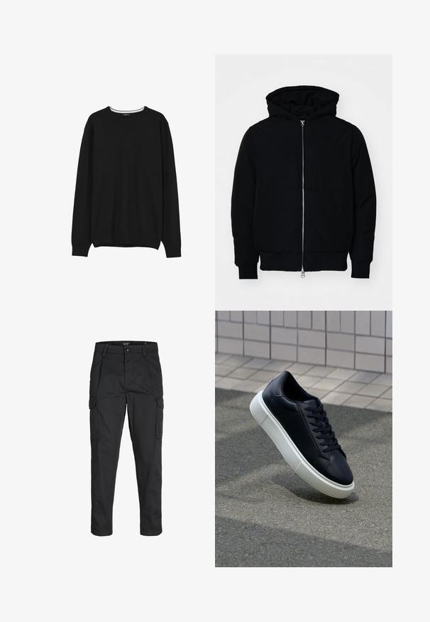 Veste à capuche noire avec fermeture éclair sur le devant, poche kangourou, poignets et ourlet côtelés, présentée sur un fond blanc uni.; Pull-over noir à manches longues, col rond, avec des poignets et un ourlet côtelés, présenté sur un fond blanc.; Pantalons cargo noirs en tissu résistant, dotés de plusieurs poches, d'une fermeture par bouton et d'une coupe slim avec des jambes fuselées.; Baskets noires en cuir avec bout arrondi et semelle en caoutchouc blanc. Elles présentent des lacets plats et une couture minimale sur la tige. Semelle texturée pour une bonne adhérence.