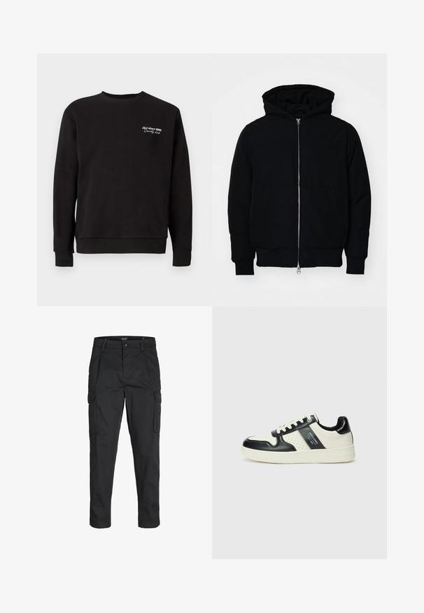 Chaqueta negra con capucha, cierre frontal, bolsillo tipo canguro, y puños y dobladillo acanalados, exhibida sobre un fondo blanco liso.; Sudadera negra con cuello redondo, puños y dobladillo de canalé. Presenta un texto bordado en blanco que dice "J&J since 1990 Society Club."; Pantalones cargo negros hechos de tela resistente, que cuentan con múltiples bolsillos, un cierre de botón y un diseño de corte slim con piernas ajustadas.; Zapatillas de cuero con un esquema de colores negro y crema, que cuentan con acentos perforados, un collar acolchado y una suela texturizada.