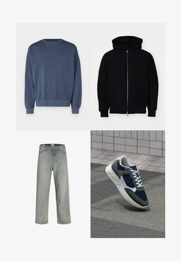 Juodas gobtuvėlis su priekiniu užtrauktuku, kengūros tipo kišene, lygiais rankogaliais ir apvadu, pateiktas ant vientiso balto fono.; Tamsiai mėlynas džemperis iš minkštos medžiagos, su apvalia iškirpte, ilgomis rankovėmis ir elastingais rankogaliais bei apačia. Paprastas dizainas, be raštų ar grafikų.; Šviesiai pilkos, laisvai krentančios džinsinės kelnės. Turi klasikinį penkių kišenių dizainą, diržo kilpas ir tiesius kojų siluetus.; Sportiniai bateliai su tamsiai mėlynu tinkliniu viršumi, pilkais zomšiniais akcentais, balta guma padanga ir plokščiomis baltomis raištelėmis, sukurti komfortui ir oro pralaidumui.