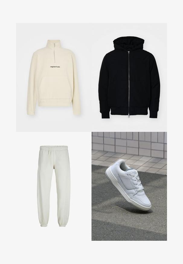 Giacca nera con cappuccio, dotata di zip frontale, tasca a marsupio, polsini e orlo a coste, esposta su uno sfondo bianco semplice.; Pullover in pile color crema con colletto alto, zip e tasca frontale. Presenta il logo "Originals Studio" in nero. Texture morbida.; Pantaloni tuta bianchi realizzati in tessuto morbido, dotati di vita e polsini elastici, con una texture liscia e una vestibilità ampia.; Sneaker bianca in pelle con lati perforati, accenti testurizzati, lacci piatti e tallone grigio a contrasto. Presenta una suola leggermente elevata.