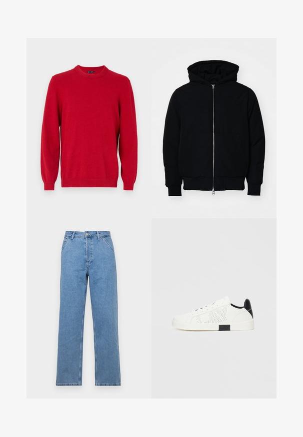 Črna kapuca jakna s sprednjim zadrgo, kenguru žepom, rebrastimi manšetami in hemom, razstavljena na enostavni beli ozadju.; Rdeča jopica iz mehkega pletenega blaga, ki ima okroglo izrez, dolge rokave ter rebraste manšete in rob. Preprost dizajn brez dodatnih vzorcev.; Svijetloplave traperice ravnog kroja s klasičnim dizajnom s pet džepova, s prednjim kopčanjem na dugme i petljama za remen. Glatka tekstura.; Beli športni copati s perforiranim dizajnom, črnimi akcenti na peti in belim gumijastim podplatom. Imajo vezalke in logo na strani. Gladka usnjena tekstura.