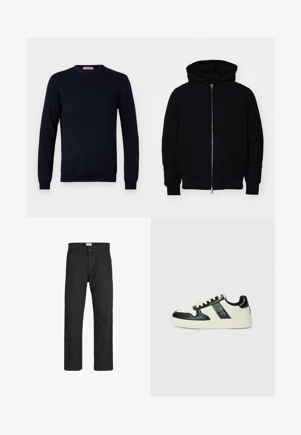 Schwarze Kapuzenjacke mit Frontreißverschluss, Kängurutasche, gerippten Bündchen und Saum, auf einem schlichten weißen Hintergrund präsentiert.; Marineblauer Rundhals-Pullover aus einem glatten Strickstoff, mit langen Ärmeln und gerippten Bündchen und Saum. Minimalistisches Design ohne Muster.; Schwarze Hosen aus strapazierfähigem Stoff, mit geradem Bein, genähten Akzenten und zwei vorderen Taschen für Funktionalität.; Leder-Sneaker in Schwarz- und Cremetönen, mit perforierten Akzenten, einem gepolsterten Kragen und einer strukturierten Laufsohle.