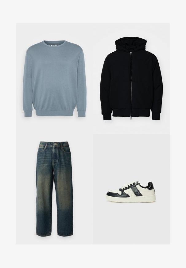 Sort hættejakke med frontlynlås, kængurulomme, ribbede manchetter og kant, præsenteret på en ensfarvet hvid baggrund.; Lyseblå sweater lavet af strikket stof, med rund halsudskæring og ribbede manchetter og kant. Enkel design med en blød tekstur.; Blå denimjeans med lige snit, der har et falmet design med lysere nuancer mod nederkanten, fem lommer og en knaplukning.; Lædersneakers i sort og creme farveskema, med perforerede detaljer, en polstret krave og en struktureret ydersål.