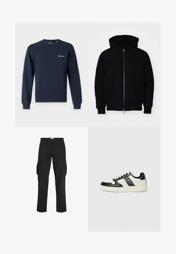 Giacca nera con cappuccio, dotata di zip frontale, tasca a marsupio, polsini e orlo a coste, esposta su uno sfondo bianco semplice.; Felpa blu navy, con collo a giro e maniche lunghe, polsini e bordo a costine. Presenta la scritta "Club1990" ricamata sul lato sinistro del petto. Tessuto morbido.; Pantaloni cargo neri in cotone, con multiple tasche laterali, un design a gamba dritta e una chiusura a bottone in vita.; Sneakers in pelle con una combinazione di colori nero e crema, dotati di dettagli perforati, collare imbottito e suola testurizzata.
