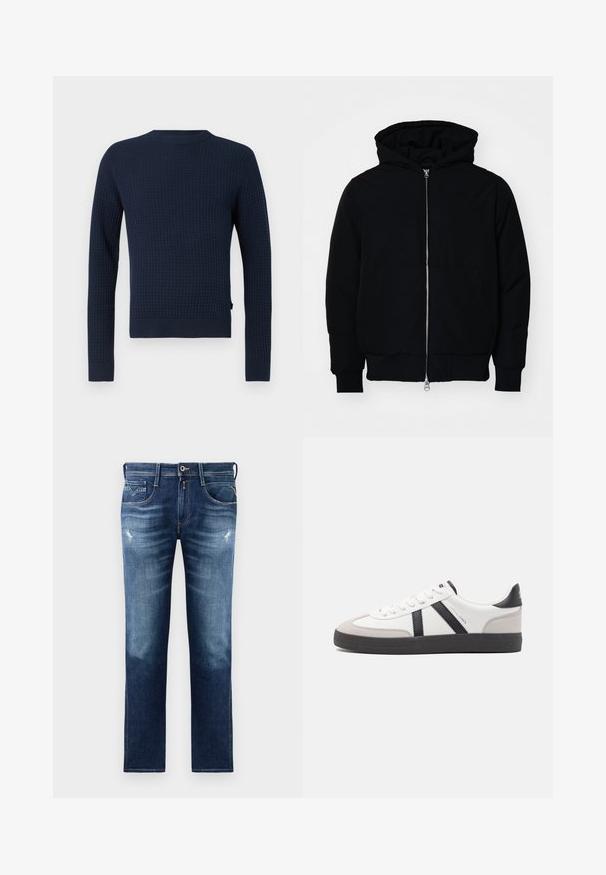 Melna kapucēta jaka ar priekšējo rāvējslēdzēju, kenguru kabatu, ribinātām aprocēm un apakšmalu, parādīta uz vienkārša balta fona.; Tumši zila adīta džemperis ar teksturētu rakstu, garām piedurknēm, apaļu kakla izgriezumu un ribotām piedurknēm un apakšmalu. Tam ir diskrēts logo sānos.; Zilas džinsu bikses ar parastu piegriezumu, ar izbalējušu mazgāšanu, nelielu nodilumu, piecām kabatām un kontrastējošiem diegiem. Pogas aizdare jostā.; Baltas sneakeris ar melniem un pelēkiem akcentiem, kuram ir teksturēts pelēks purngals, melna gumijas zole un plakanas baltas šņores. Tīrs dizains, minimālisma stils.