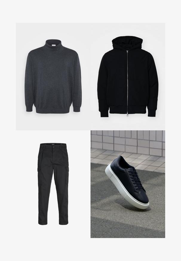 Sort hættejakke med frontlynlås, kængurulomme, ribbede manchetter og kant, præsenteret på en ensfarvet hvid baggrund.; Jack & Jones JJEBASIC ROLL NECK - Striktrøje - dark grey melange; Sorte cargo-bukser lavet af slidstærkt stof, der har flere lommer, en knaplukning og et slim fit design med smalle ben.; Sort lædersneaker med rund tå og hvid gummisål. Har flade snørebånd og minimal syning på overdelen. Tekstureret sål for bedre greb.