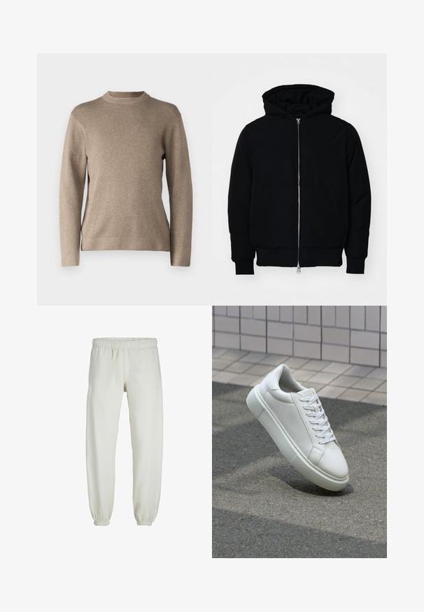 Zwarte hoodie met rits aan de voorkant, kangoeroe-pocket, geribbelde manchetten en zoom, weergegeven op een effen witte achtergrond.; Beige trui met een ronde hals, lange mouwen, geribde manchetten en een zachte, textuurachtige stof. Heeft een eenvoudig ontwerp en een relaxte pasvorm.; Witte sweatpants gemaakt van zachte stof, met een elastische tailleband en boorden, een gladde textuur en een losvallend ontwerp.; Witte leren sneaker met een glad oppervlak, ronde neus en platte witte veters. Voorzien van een gestructureerde rubberen zool en minimale ontwerpelementen.