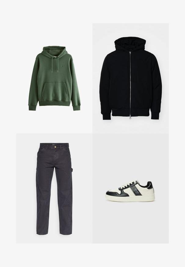 Mustat huppu-untuvatakki, jossa on vetoketju edessä, kenguru-tasku, ribatut hihansuut ja helma, esillä yksinkertaisella valkoisella taustalla.; Vihreä puuvillaneulehuppari, jossa on etutasku, säädettävä naruhuppu, ribbauskankaiset hihansuut ja pieni logo. Sileä pinta, rento muotoilu.; Tummanharmaat cargo-housut, jotka on valmistettu kestävästä kankaasta. Niissä on suora lahkeellinen leikkaus, viisi taskua ja nappikiinnitys vyötäröllä.; Nahkakengät musta-kerma värimaailmassa, joissa on rei'itetyt yksityiskohdat, pehmustettu nilkkaosa ja teksturoitu pohja.