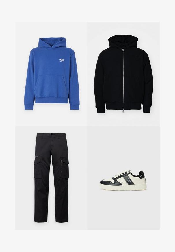 Schwarze Kapuzenjacke mit Frontreißverschluss, Kängurutasche, gerippten Bündchen und Saum, auf einem schlichten weißen Hintergrund präsentiert.; Blaues Baumwollkapuzensweatshirt mit einer vorderen Kängurutasche, gerippten Bündchen und Saum sowie einem kleinen Logo im Brustbereich. Weiche Stofftextur.; Schwarze Cargo-Hosen mit mehreren Taschen, einer Reißverschlusstasche am Oberschenkel, geradem Schnitt und strapazierfähigem Baumwollstoff mit leichtem Glanz.; Leder-Sneaker in Schwarz- und Cremetönen, mit perforierten Akzenten, einem gepolsterten Kragen und einer strukturierten Laufsohle.