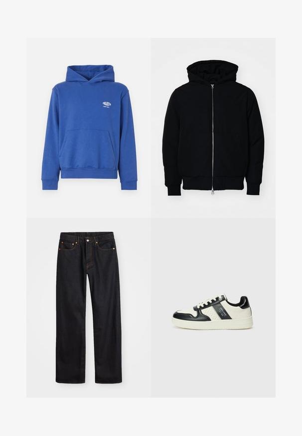 Sort hættejakke med frontlynlås, kængurulomme, ribbede manchetter og kant, præsenteret på en ensfarvet hvid baggrund.; Blå bomulds hættebluse med en fremadskuende lomme, ribbede manchetter og kant, samt et lille logo på brystområdet. Blødt stof med behagelig tekstur.; Mænds lige ben sorte denim jeans med fem lommer og orange syninger, knap- og lynlåslukning foran på taljen.; Lædersneakers i sort og creme farveskema, med perforerede detaljer, en polstret krave og en struktureret ydersål.