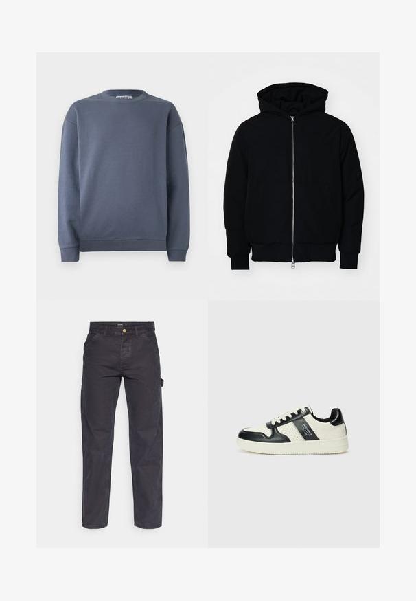Crna kapuška jakna s prednjim zatvaračem, kenguru džepom, rebrastim manžetama i rubom, prikazana na običnoj bijeloj pozadini.; Tamno siva dukserica s okruglim izrezom, rebrastim manžetama i donjim rubom. Izrađena od mekanog pamučnog materijala s glatkom teksturom i minimalnim dizajnom.; Tamno sivi cargo hlače od izdržljivog materijala, s ravnim krojem, pet džepova i kopčanjem na dugme u struku.; Kožne tenisice s crno-bijelom paletom boja, koje imaju perforirane akcentne detalje, podstavljeni ovratnik i teksturiranu potplat.