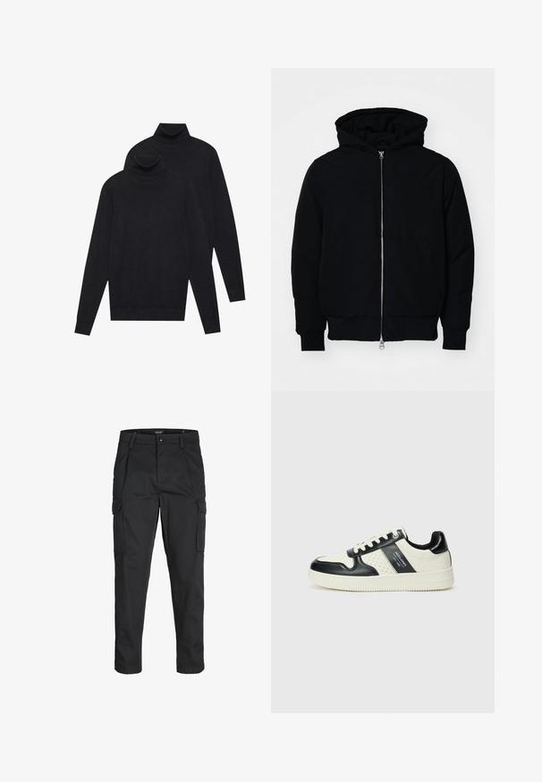 Svart hettejakke med frontglidelås, kengurulomme, ribbestrikket mansjetter og søm, vist på en ensfarget hvit bakgrunn.; To svarte langermede genserne med høy hals, ensfarget strikket, stablet med den ene litt bak den andre på en hvit bakgrunn.; Sorte cargo bukser laget av slitesterkt stoff, med flere lommer, knappelukking og en slim fit-design med avsmalnede ben.; Lædersneakers med sort og creme farveskema, der har perforerede detaljer, en polstret krave og en struktureret ydersål.