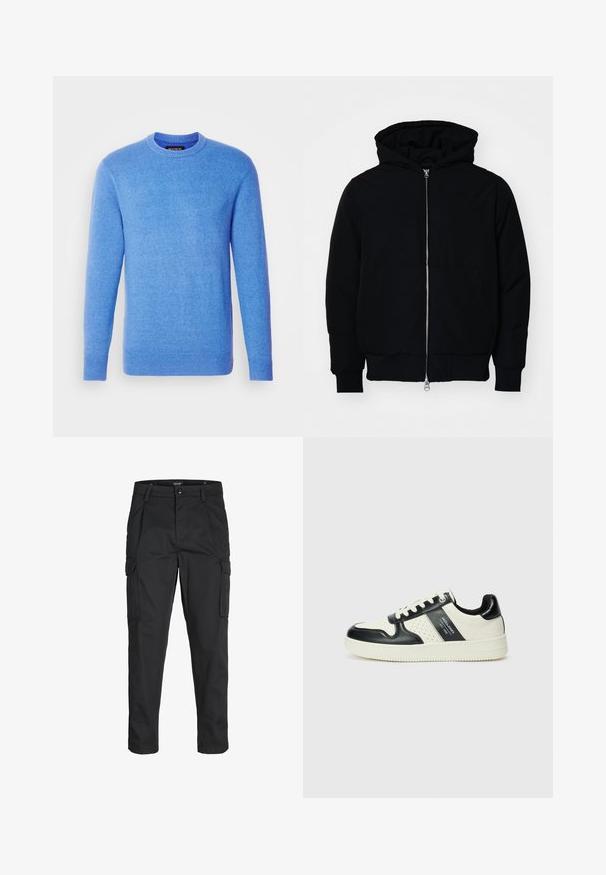 Black hooded jacket with front zipper, kangaroo pocket, ribbed cuffs, and hem, displayed on a plain white background.; Blue knit sweater with long sleeves, round neckline, ribbed cuffs and hem. Soft texture, even color, labeled at the inner neck.; Black cargo pants made of sturdy fabric, featuring multiple pockets, a button closure, and a slim fit design with tapered legs.; Leather sneakers with a black and cream color scheme, featuring perforated accents, a padded collar, and a textured outsole.