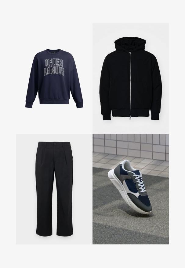 Čierna kapucňová bunda s predným zipsom, klokaními vreckami, rebrovanými manžetami a lemom, zobrazená na bielom pozadí.; Námořnicky modrá mikina so zipsom s nápisom "UNDER ARMOUR" v tučných bielych písmenách. Má okrúhly výstrih, dlhé rukávy a uvoľnený strih.; Čierne nohavice so priamym strihom, s prehybmi na prednej strane, s gombíkovým uzáverom a hladkou textúrou látky.; Tenisky s sieťovinou v námorníckej modrej farbe, so sivými semišovými detailmi, bielou gumovou podrážkou a plochými bielymi šnúrkami, navrhnuté pre pohodlie a priedušnosť.