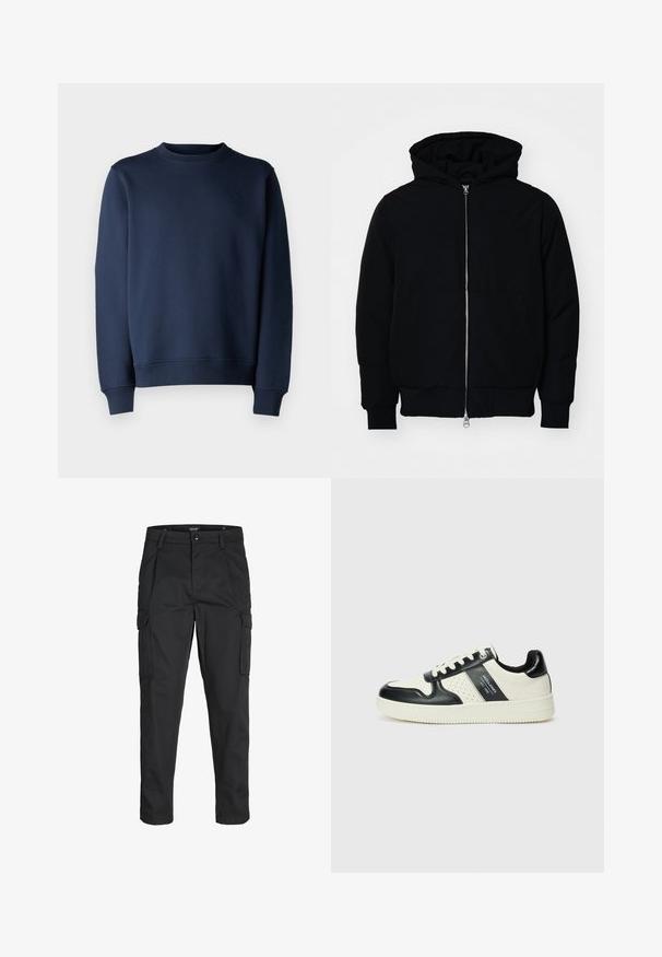 Svart huoodiejacka med framdragkedja, känguruficka, ribbade ärmslut och nederkant, uppställd mot en vit bakgrund.; Abercrombie & Fitch ICON - Sweatshirt - navy blazer; Svarta cargobyxor tillverkade av hållbart tyg, med flera fickor, knappstängning och en smal passform med avsmalnande ben.; Läder sneakers med en svart och krämfärgad färgsättning, med perforerade detaljer, en vadderad krage och en strukturerad yttersula.