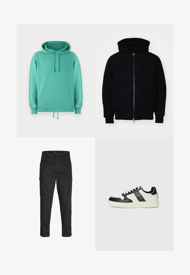 Jachetă neagră cu glugă, cu fermoar în față, buzunar tip kangaroo, mansete și tiv ribbed, prezentată pe un fundal alb simplu.; Hanorac verde mentă dintr-un material moale, cu croială relaxată, având un decolteu spațios, sireturi și manșete cu nervuri.; Pantaloni cargo negri dintr-un material rezistent, cu multiple buzunare, închidere cu nasture și un design slim fit cu picioare conice.; Tenisi din piele cu un scheme de culori negru și crem, dotati cu accente perforate, guler căptușit și o talpă texturată.