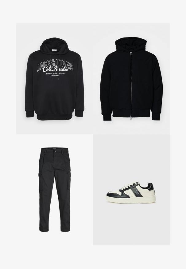 Black hooded jacket with front zipper, kangaroo pocket, ribbed cuffs, and hem, displayed on a plain white background.; Black hoodie with a drawstring and ribbed cuffs. Features white text logo "JACK & JONES Coll. Studio" centered on the front.; Black cargo pants made of sturdy fabric, featuring multiple pockets, a button closure, and a slim fit design with tapered legs.; Leather sneakers with a black and cream color scheme, featuring perforated accents, a padded collar, and a textured outsole.