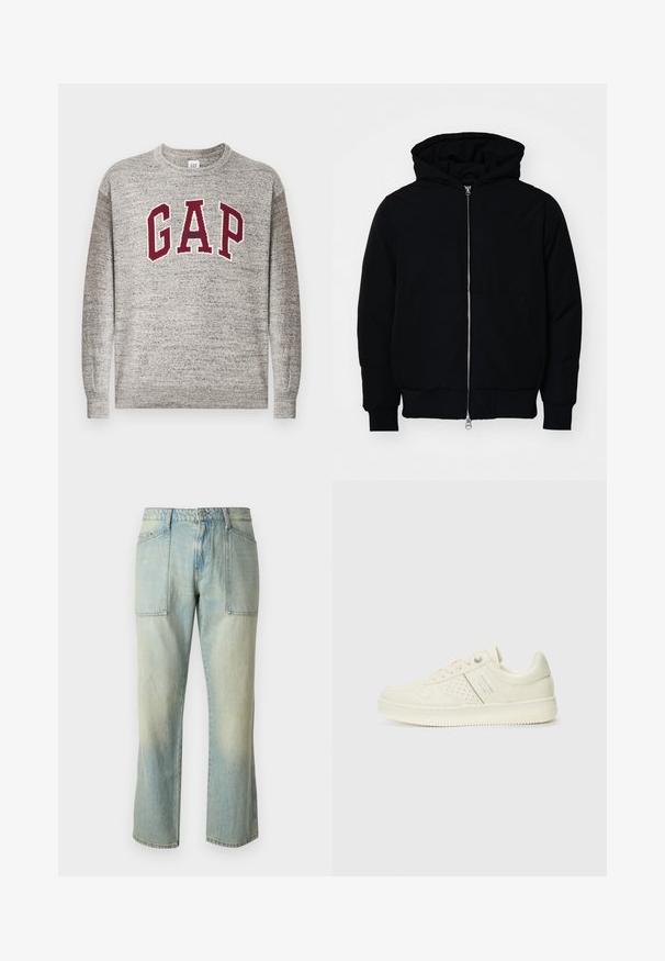 Svart hettejakke med frontglidelås, kengurulomme, ribbestrikket mansjetter og søm, vist på en ensfarget hvit bakgrunn.; Grå genser med rund hals og maroon "GAP" bokstaver samt liten "Athletic" tekst sentrert på brystet, ribbede mansjetter og kant.; Lyseblå denimjeans med rett benutskjæring, synlige sømmer og to store frontlommer. Stoffet har en falmet tekstur.; Kremfargede sneakers med perforerte detaljer, snøring og logo på siden, vist mot en enkel hvit bakgrunn.