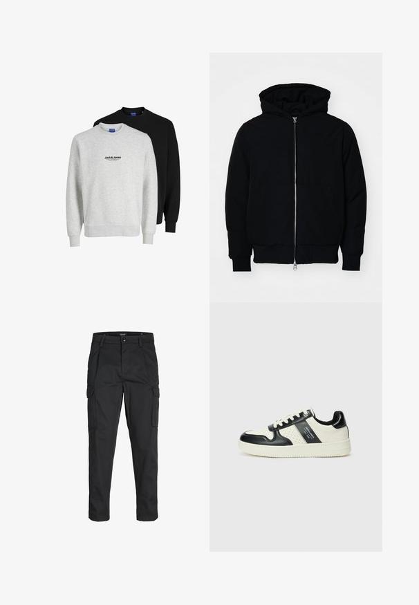 Schwarze Kapuzenjacke mit Frontreißverschluss, Kängurutasche, gerippten Bündchen und Saum, auf einem schlichten weißen Hintergrund präsentiert.; Zwei Sweatshirts von Jack & Jones: eines hellgrau mit einem Logo, das andere schwarz. Beide haben Rundhalsausschnitte und gerippte Bündchen.; Schwarze Cargo-Hose aus robustem Material, mit mehreren Taschen, einem Knopfverschluss und einem Slim-Fit-Design mit schmal zulaufenden Beinen.; Leder-Sneaker in Schwarz- und Cremetönen, mit perforierten Akzenten, einem gepolsterten Kragen und einer strukturierten Laufsohle.