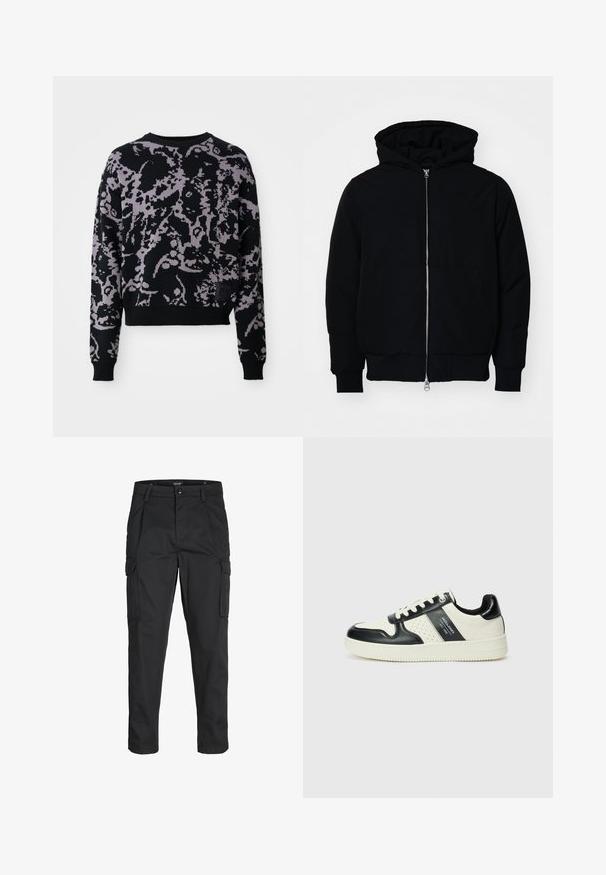 Černá kapucňová bunda s předním zipem, klokaní kapsou, vroubkovanými manžetami a spodním lemem, vystavená na čistém bílém pozadí.; Pletený svetr s černým základem a fialovým abstraktním vzorem. Má dlouhé rukávy, kulatý výstřih a žebrovaný lem a manžety.; Černé cargo kalhoty vyrobené z odolné tkaniny, s mnoha kapsami, knoflíkovým zapínáním a slim fit střihem se zúženými nohavicemi.; Kožené tenisky s černobílou barevnou kombinací, které mají perforované detaily, polstrovaný límec a texturovanou podrážku.