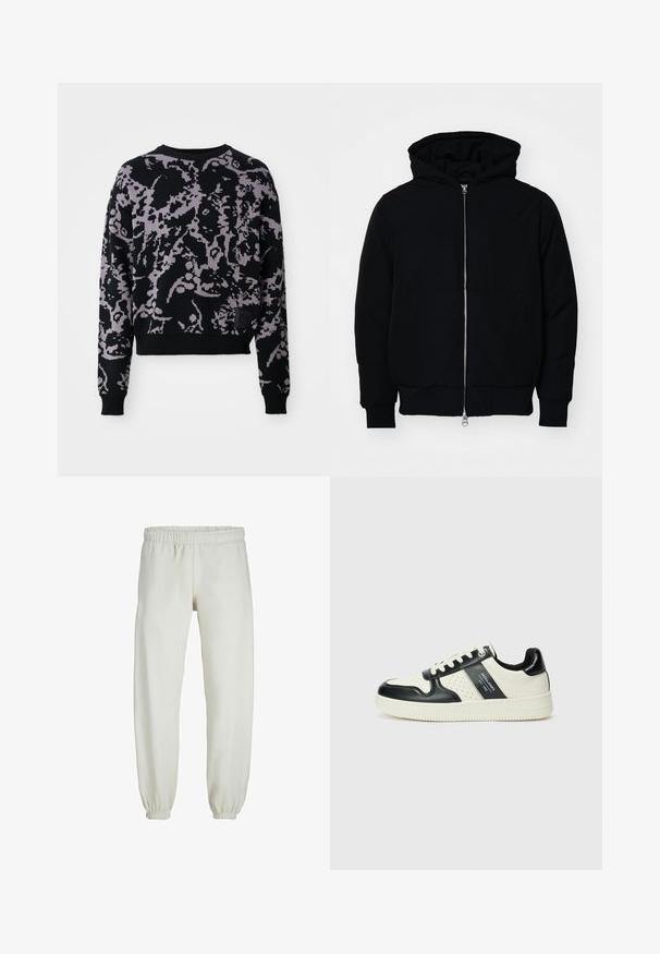 Fekete kapucnis dzseki elülső cipzárral, kenguruzsebbel, bordázott mandzsettákkal és aba, egy sima fehér háttér előtt.; Kötött pulóver, fekete alapszínnel, lila absztrakt mintával. Hosszú ujja van, kerek nyakkivágással, bordás szegéllyel és mandzsettával.; Fehér melegítőnadrág, puha anyagból készült, rugalmas derékrésszel és mandzsettával, sima tapintású és laza szabású.; Fekete és krém színű bőrsneaker, perforált díszítésekkel, párnázott bokapánttal és texturált talppal.