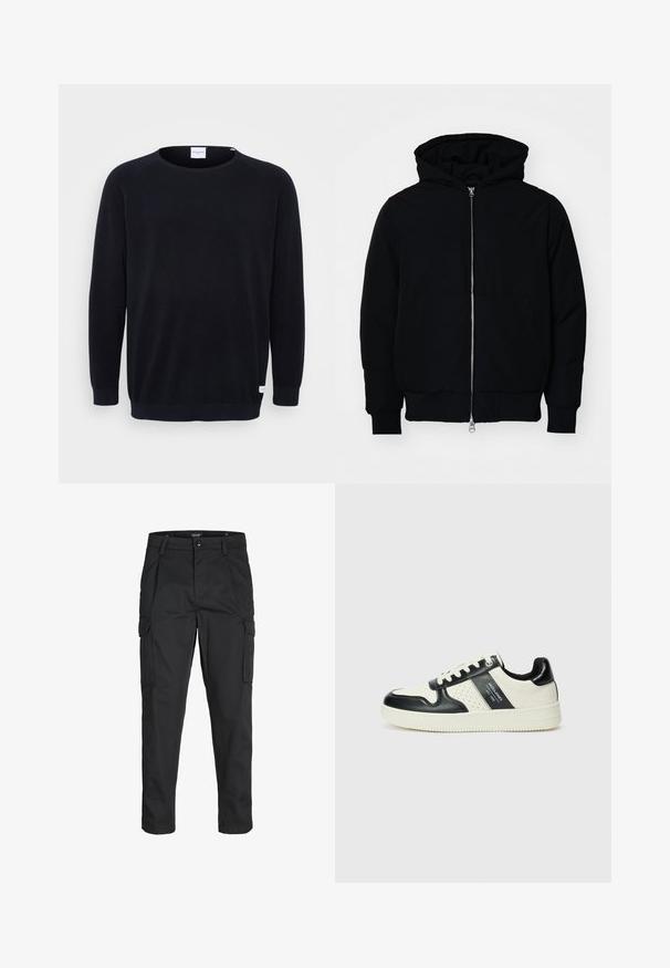 Juodas gobtuvėlis su priekiniu užtrauktuku, kengūros tipo kišene, lygiais rankogaliais ir apvadu, pateiktas ant vientiso balto fono.; Juodas megztinis su apvaliu iškirpimu ir ilgomis raglano rankovėmis. Pasižymi raukšlėtomis rankogaliais ir apdaila, tekstūrine medžiaga bei maža etikete apdailoje.; Juodi krovinių tipo džinsai, pagaminti iš tvirto audinio, su keliais kišeniais, mygtuko uždarymu ir siauru, prigludusiu dizainu su siaurėjančiomis kojomis.; Odiniai sportbačiai juodos ir kreminės spalvų schemoje, su perforuotais akcentais, paminkštinta apykakle ir tekstūruotu padu.
