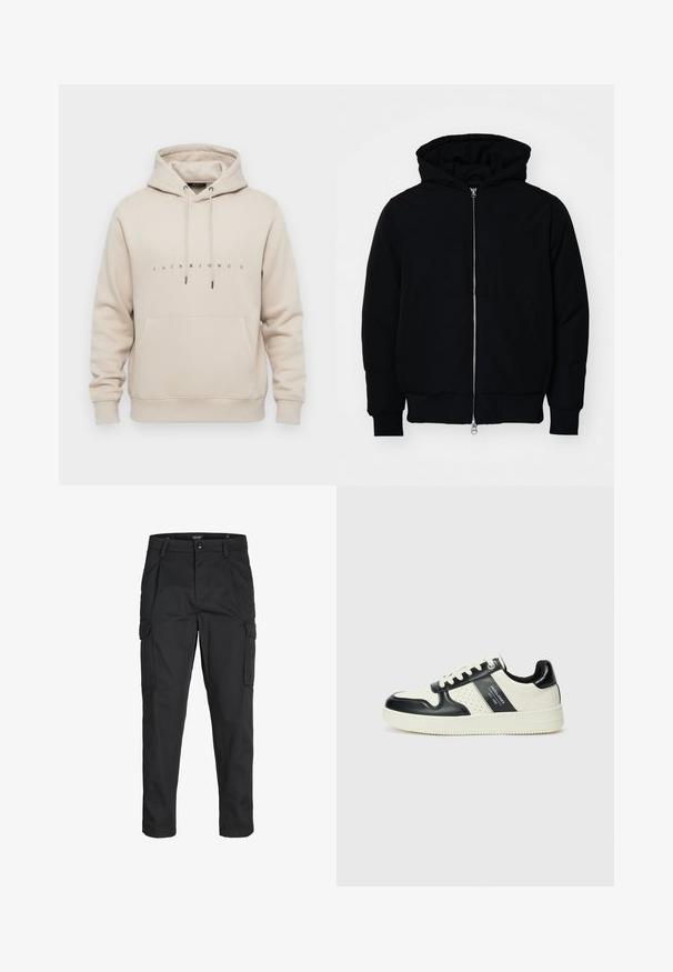 Veste à capuche noire avec fermeture éclair sur le devant, poche kangourou, poignets et ourlet côtelés, présentée sur un fond blanc uni.; Hoodie beige avec poche frontale, capuche à cordon de serrage, et "JACK & JONES" imprimé en petites lettres noires sur la poitrine.; Pantalons cargo noirs en tissu résistant, dotés de plusieurs poches, d'une fermeture par bouton et d'une coupe slim avec des jambes fuselées.; Baskets en cuir avec un schéma de couleurs noir et crème, dotées d'accents perforés, d'un col rembourré et d'une semelle texturée.