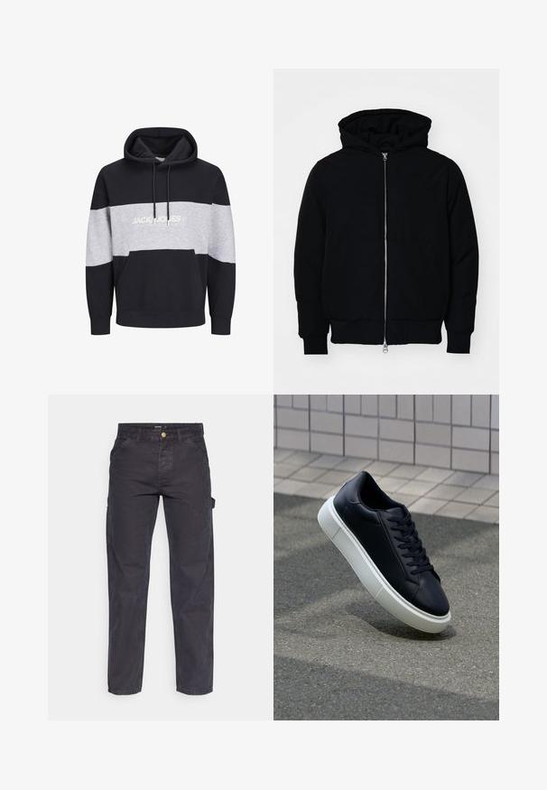 Mustat huppu-untuvatakki, jossa on vetoketju edessä, kenguru-tasku, ribatut hihansuut ja helma, esillä yksinkertaisella valkoisella taustalla.; Huppari, jossa on laivastonsininen ja harmaa väriblokki, valmistettu puuvillasta. Siinä on kengurupokka ja logo-printti rinnassa. Pehmeä rakenne ja ribbireunukset.; Tummanharmaat cargo-housut, jotka on valmistettu kestävästä kankaasta. Niissä on suora lahkeellinen leikkaus, viisi taskua ja nappikiinnitys vyötäröllä.; Mustat nahkakengät, joissa on pyöristetty kärki ja valkoinen kumipohja. Varusteena litteät nauhat ja minimaalinen ommel ylhäällä. Teksturoitu pohja pitävyyden lisäämiseksi.