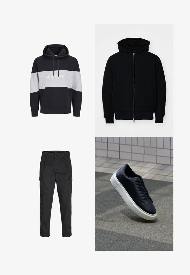Veste à capuche noire avec fermeture éclair sur le devant, poche kangourou, poignets et ourlet côtelés, présentée sur un fond blanc uni.; Hoodie color block bleu marine et gris en coton, doté d'une poche kangourou et d'un imprimé logo sur la poitrine. Texture douce et poignets côtelés.; Pantalons cargo noirs en tissu résistant, dotés de plusieurs poches, d'une fermeture par bouton et d'une coupe slim avec des jambes fuselées.; Baskets noires en cuir avec bout arrondi et semelle en caoutchouc blanc. Elles présentent des lacets plats et une couture minimale sur la tige. Semelle texturée pour une bonne adhérence.