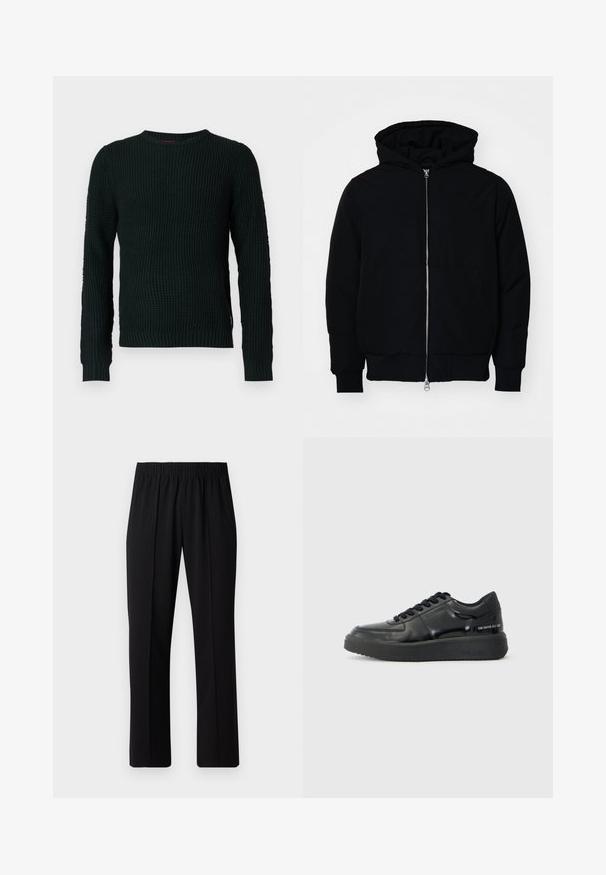 Zwarte hoodie met rits aan de voorkant, kangoeroe-pocket, geribbelde manchetten en zoom, weergegeven op een effen witte achtergrond.; Zwarte chunky gebreide trui met ronde hals, lange mouwen en geribde manchetten en zoom, gepresenteerd op een witte achtergrond.; Zwarte, elastische broek met rechte pijpen, met een gladde textuur en zonder zichtbare patronen of hardware.; Zwarte leren sneakers met een gladde afwerking, ronde neus en contrasterende zwarte rubberen zool. Voorzien van platte veters en merkbranding aan de zijkant.