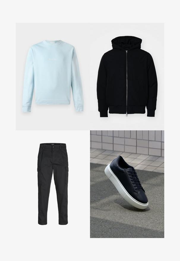 Black hooded jacket with front zipper, kangaroo pocket, ribbed cuffs, and hem, displayed on a plain white background.; Light blue sweatshirt made of soft cotton, featuring a crew neckline, ribbed cuffs, and a small, subtle logo stitched on the front.; Black cargo pants made of sturdy fabric, featuring multiple pockets, a button closure, and a slim fit design with tapered legs.; Black leather sneaker with rounded toe and white rubber sole. Features flat laces and minimal stitching on the upper. Textured sole for grip.