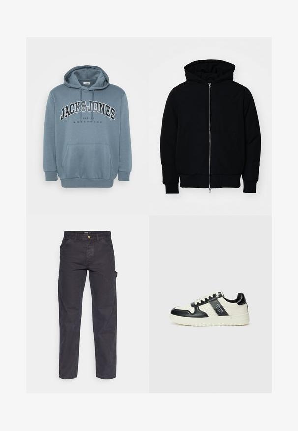 Chaqueta negra con capucha, cierre frontal, bolsillo tipo canguro, y puños y dobladillo acanalados, exhibida sobre un fondo blanco liso.; Sudadera azul de tejido suave con un bolsillo delantero, capucha con cordón y una gran impresión de texto que dice "JACK & JONES WORLDWIDE."; Pantalones cargo de color gris oscuro, confeccionados con un tejido duradero, que presentan un corte recto, cinco bolsillos y un cierre de botón en la cintura.; Zapatillas de cuero con un esquema de colores negro y crema, que cuentan con acentos perforados, un collar acolchado y una suela texturizada.