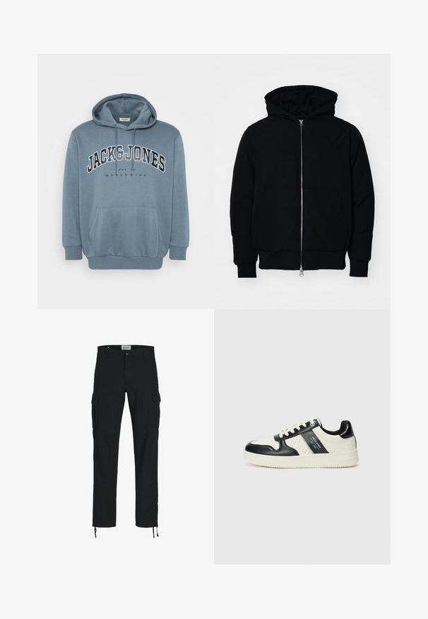 Mustaga kapuutsiga jakk, millel on esineed, kenguru tasku, soonikkoes, ja alläär, esitatud lihtsal valgel taustal.; Sinine kapuutsiga dressipluus pehmest kangast, millel on ees tasku, reguleeritav kapuuts ja suur trükk, millel on kirjas "JACK & JONES WORLDWIDE."; Mustad mustad püksid sirge lõikega, külje taskutega, nööbiga kinni ja elastsete paeltega pahkluudes. Valmistatud vastupidavast kangast.; Nahatud nahkkingad musta ja kreemi värviskeemiga, millel on perforeeritud aktsendid, pehme krae ja tekstureeritud tallad.
