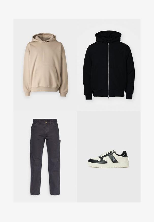 Melna kapucēta jaka ar priekšējo rāvējslēdzēju, kenguru kabatu, ribinātām aprocēm un apakšmalu, parādīta uz vienkārša balta fona.; Bežs kapuce džemperis, mīksta audums, brīvi pieguļoša forma, kabatas kangaroos stilā, ribota apkakle un apakšmalā, minimālisma dizains, gluda tekstūra.; Tumši pelēki kravas bikses, kas izgatavotas no izturīga auduma, ar taisnu piegriezumu, piecām kabatām un pogu aizdari viduklī.; Ādas sporta apavi ar melnbaltu krāsu shēmu, ar perforētiem akcentiem, mīkstinātu apkakli un teksturētu zoli.