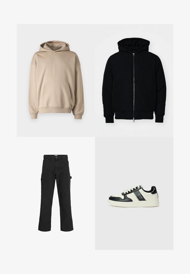 Chaqueta negra con capucha, cierre frontal, bolsillo tipo canguro, y puños y dobladillo acanalados, exhibida sobre un fondo blanco liso.; Sudadera con capucha beige, tejido suave, corte holgado, bolsillo canguro, puños y bajo acanalados, diseño minimalista, textura suave.; Pantalones cargo negros en tejido de mezcla de algodón. Presentan piernas anchas, bolsillos frontales inclinados y un bolsillo lateral con un lazo para accesorios.; Zapatillas de cuero con un esquema de colores negro y crema, que cuentan con acentos perforados, un collar acolchado y una suela texturizada.