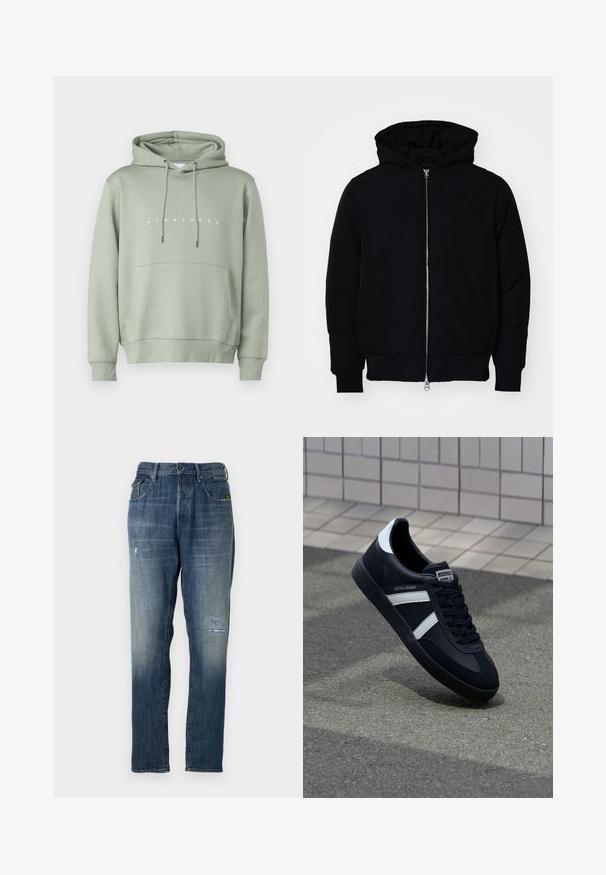 Čierna kapucňová bunda s predným zipsom, klokaními vreckami, rebrovanými manžetami a lemom, zobrazená na bielom pozadí.; Svetlozelená mikina s predným vreckom, nastaviteľnou kapucňou so šnúrkou a bielym logom "JACK & JONES" naprieč hrudníkom. Hladká textura.; Džínsy z denimu v bledomodrej farbe, s rovnými nohavicami, umierneným opotrebením vpredu a klasickým päťvreckovým strihom.; Čierne kožené tenisky s bielymi pruhmi, textúrovanou gumovou podrážkou a šnurovaním vpredu. Obsahujú označenie značky na jazyku.