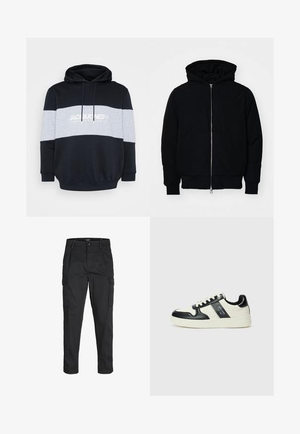 Juodas gobtuvėlis su priekiniu užtrauktuku, kengūros tipo kišene, lygiais rankogaliais ir apvadu, pateiktas ant vientiso balto fono.; Kapių su gobtuvu džemperis, turintis juodą pagrindą, pilką horizontalų juostą ir baltą logotipą. Pagamintas iš minkštos medvilnės mišinio su įrašytais manžetais ir apvadu.; Juodi krovinių tipo džinsai, pagaminti iš tvirto audinio, su keliais kišeniais, mygtuko uždarymu ir siauru, prigludusiu dizainu su siaurėjančiomis kojomis.; Odiniai sportbačiai juodos ir kreminės spalvų schemoje, su perforuotais akcentais, paminkštinta apykakle ir tekstūruotu padu.