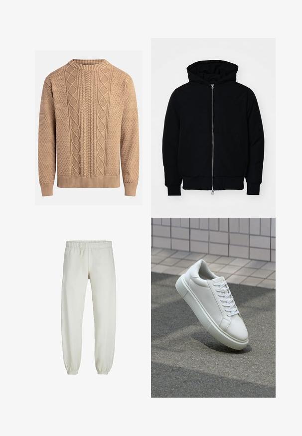 Veste à capuche noire avec fermeture éclair sur le devant, poche kangourou, poignets et ourlet côtelés, présentée sur un fond blanc uni.; Pull en tricot beige avec des motifs texturés. Il présente un col rond, des poignets côtelés et des designs de tricot en câble variés sur le devant.; Pantalons de survêtement blancs en tissu doux, avec une taille et des poignets élastiques, présentant une texture lisse et un design ample.; Baskets en cuir blanc avec une surface lisse, bout rond et lacets plats blancs. Présentent une semelle en caoutchouc texturée et des éléments de design minimalistes.