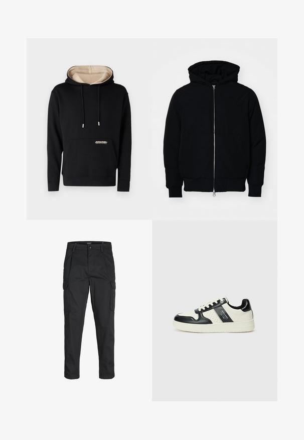 Zwarte hoodie met rits aan de voorkant, kangoeroe-pocket, geribbelde manchetten en zoom, weergegeven op een effen witte achtergrond.; Zwarte hoodie met beige interieur, trekkoorden, voorzak en logo op de borst. Gemaakt van zachte stof met geribbelde manchetten en zoom.; Zwarte cargobroek van stevig stof, met meerdere zakken, een knoopsluiting en een slim fit ontwerp met taps toelopende benen.; Leren sneakers met een zwart en crèmekleurig kleurenschema, voorzien van geperforeerde accenten, een gevoerde kraag en een gestructureerde buitenzool.