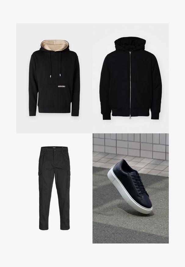 Crna kapuška jakna s prednjim zatvaračem, kenguru džepom, rebrastim manžetama i rubom, prikazana na običnoj bijeloj pozadini.; Crna dukserica s bež unutrašnjošću, s vezicama, prednjim džepom i logom na prsima. Izrađena od mekanog materijala s rebrastim manžetama i donjim rubom.; Crne cargo hlače izrađene od čvrstog materijala, s brojnim džepovima, kopčanjem na gumb i dizajnom koji pomaže da se prilagode tijelu sa suženim nogavicama.; Crne kožne tenisice s zaobljenim vrhom i bijelim gumiranim potplatom. Imaju ravne vezice i minimalno šivanje na gornjem dijelu. Teksturirani potplat za bolje prianjanje.