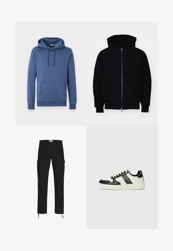 Črna kapuca jakna s sprednjim zadrgo, kenguru žepom, rebrastimi manšetami in hemom, razstavljena na enostavni beli ozadju.; Modra bombažna kapuca z sprednjim žepom, z vrvico za kapuco, rebrastimi manšetami in robom. Gladka tekstura z minimalističnim oblikovanjem.; Črne cargo hlače s ravnim krojem, opremljene z bočnimi žepi, z gumbom za zapiranje in elastičnimi vrvicami pri gležnjih. Narejene iz trpežnega materiala.; Usnjeni športni čevlji z črno in krem barvno shemo, ki vključujejo perforirane dodatke, podložen ovratnik in strukturirano podplat.
